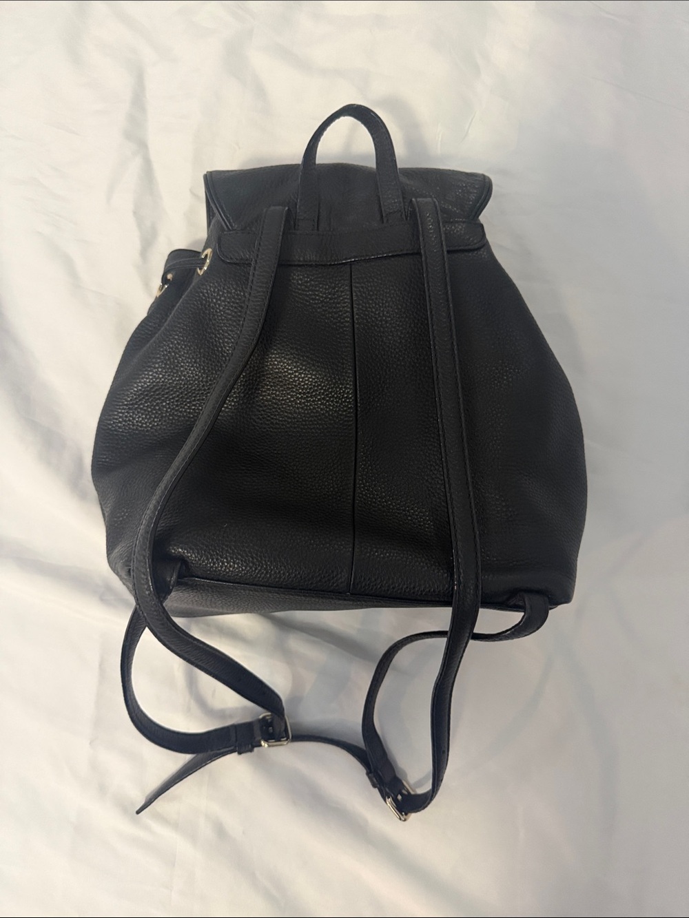 kate spade Black Pebbled Leather Flap Drawstring Backpack with Gold Hardware - Picture 2 of 8